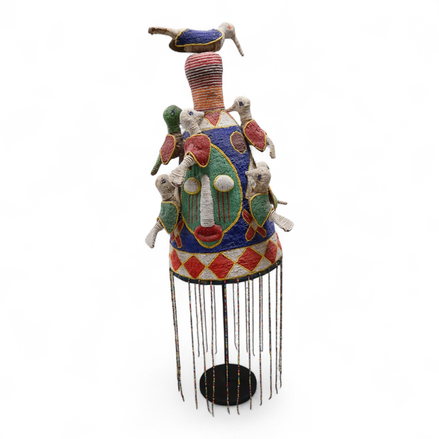 Tribal interest - West African Yoruba beaded crown on stand, 78cm high